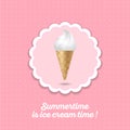 Ice cream icon. White ice cream in a waffle cone on a pink background.