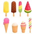 Ice cream in a glass and on a stick. Set of colorful ice creams in cartoon style.