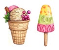 Ice cream illustrations, hand painted watercolor elements isolated on white background.