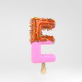 Ice cream letter E uppercase. Pink fruit popsicle font with caramel and sprinkles isolated on white background