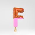 Ice cream letter F uppercase. Pink fruit popsicle font with caramel and sprinkles isolated on white background Royalty Free Stock Photo