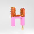 Ice cream letter H uppercase. Pink fruit popsicle font with caramel and sprinkles isolated on white background Royalty Free Stock Photo