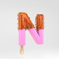 Ice cream letter N uppercase. Pink fruit popsicle font with caramel and sprinkles isolated on white background Royalty Free Stock Photo