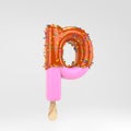 Ice cream letter P lowercase. Pink fruit popsicle font with caramel and sprinkles isolated on white background Royalty Free Stock Photo