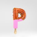 Ice cream letter P uppercase. Pink fruit popsicle font with caramel and sprinkles isolated on white background Royalty Free Stock Photo