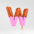 Ice cream letter W uppercase. Pink fruit popsicle font with caramel and sprinkles isolated on white background Royalty Free Stock Photo