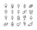 Ice cream line icons. Different types of frozen yoghurt parfait sorbet in form of ball in bucket on stick in cup. Vector