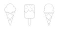 Ice cream linear icons. Popsicle, waffle cone, scoop of ice cream. Vector illustration