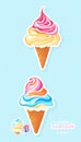 Ice cream logo collection. Waffle cone, icecream ball. Frozen dessert, gelato. Summer candy, icecream. Vanilla ice cream. Cold ice