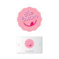 Ice cream logo, Ice cream emblem. Italian ice cream cafe signboard. Pink badge with a smile and language and letters.