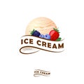 Ice cream logo. Letters on a ribbon and one scoop of ice cream with berries. Royalty Free Stock Photo