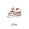 Ice cream logo. Letters on a ribbon and two scoops of ice cream with berries.