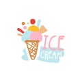 Ice cream logo template, badge for restaurant, bar, cafe, menu, sweet shop, colorful hand drawn vector illustration Royalty Free Stock Photo