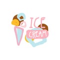 Ice cream logo template, badge for restaurant, bar, cafe, menu, sweet shop, colorful hand drawn vector illustration Royalty Free Stock Photo