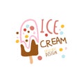 Ice cream logo template original design, element for restaurant, bar, cafe, menu, sweet shop, colorful hand drawn vector Royalty Free Stock Photo