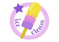 Ice cream logo. Vector popsicle icon in a circle with a star. Handwritten calligraphic text. Pastel colors Royalty Free Stock Photo