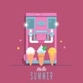 Ice - cream machine with Lettering Hello Summer Set for Shop. small branches. Create a Business. Vector illustration