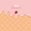 Ice cream macro texture. Melted pink cream on wafer background. Hello summer quote.