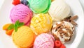 Ice cream in many flavors and colorful in Put them on a white plate. Royalty Free Stock Photo