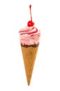 Ice cream with maraschino cherry in waffle cone Royalty Free Stock Photo