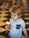 Ice cream melted. Upset child. Spoiled holidays. Unhappy weekend. Unlucky day. Sad boy. Royalty Free Stock Photo