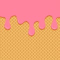 Ice cream melted vector background, waffle cone texture, pink strawberry liquid on wafer pattern, sweet biscuit dessert