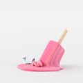 Ice cream melting puddle on white background with giant pink flamingo and peacock floating, empty space on top, summer concept