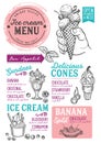 Ice cream menu restaurant, dessert food template.