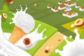 Ice cream milk chocolate hazelnut, concept lotion river banner cartoon vector illustration. Ecological clean green field