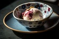 Ice cream on modern Italian plate in a luxurious restaurant on a wooden background, food photography, generative AI