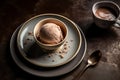 Ice cream on modern Italian plate in a luxurious restaurant on wooden background, food photography, generative AI