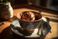 Ice cream on modern Italian plate in a luxurious restaurant on wooden background, food photography, generative AI