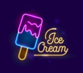 Ice Cream Neon Light Effect Retro Banner Design. Icecream Dessert Night Glowing City Sign. Fruit Sundae on Stick Food Royalty Free Stock Photo