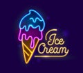 Ice Cream Neon Light Retro Banner Design. Icecream Dessert Night Illuminated Glowing Sign. Fruit Sundae in Cone Food