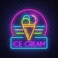 Ice cream- Neon Sign Vector on brick wall background