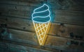 Ice cream neon sign on a wooden wall Royalty Free Stock Photo