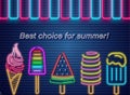 Ice cream neon summer banner Vector. Delicious dessert design label posters