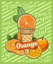 Orange ice cream scoop in cone. Vector sketch illustration. Fruit ice cream idea, concept