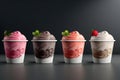 Ice cream in a paper cup. Sweets and weekend walks. Strawberry frozen yogurt or soft ice cream. Royalty Free Stock Photo