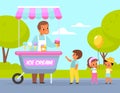 Ice cream park. Happy children buy cold desserts in city, street vendor with cart, sweets seller. Festival desserts