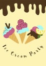 Ice cream party. Frozen sweet dessert in wafer cone. Refreshing strawberry balls. Summer candy. Melting liquid chocolate