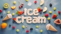Ice cream party title text made from cream with ice cream wafle cones, fruits, berries, vanilla and cream brulee on Royalty Free Stock Photo