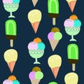 Ice cream pattern with green and yellow popsicles and cones arranged in vertical rows. Vibrant childish cartoon ornament Royalty Free Stock Photo