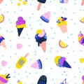 Ice cream pattern. Seamless texture of summer dessert. Vanilla or chocolate balls in waffle cones and frozen juice Royalty Free Stock Photo