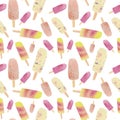 Ice cream pattern. Watercolor seamless backdrop, multicolored ice cream, hand-drawn, isolated on white background