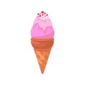 Ice cream pink food isolated on white. Cartoon doodle waffle cone ice cream. Vector illustration cake Royalty Free Stock Photo