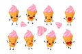 Ice cream pink funny character set vector illustration. Cute cartoon creamy waffle cone