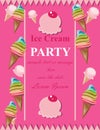 Ice cream pink party invitation card Vector. Summer birthday card or event posters Royalty Free Stock Photo