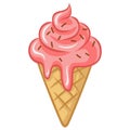 Ice Cream Pink Strawberry Waffle Cone Vector Illustration