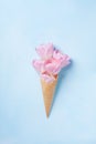 Ice cream of pink tulip flowers in waffle cone on blue table top view in flat lay style. Royalty Free Stock Photo